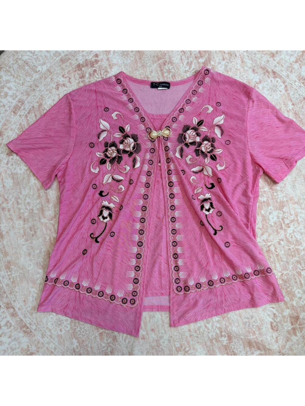 Vintage Pink Embroidered Floral Butterfly Sleeve Top Size XXL